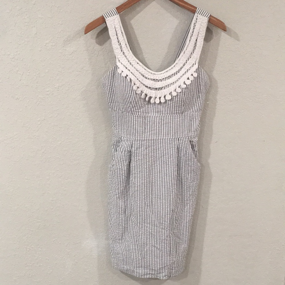 Sequin Hearts Striped Mini Dress - Gray and White